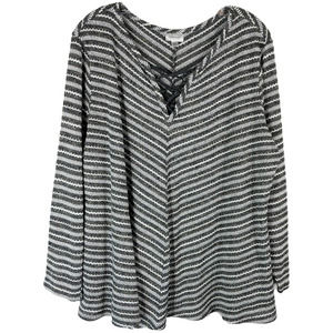 Avenue Plus Size 22 24 Sweater Top Gray Gold White Striped Lace Up V Neck 1272‎
